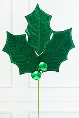 39" Green Velvet Holly Leaves Spray