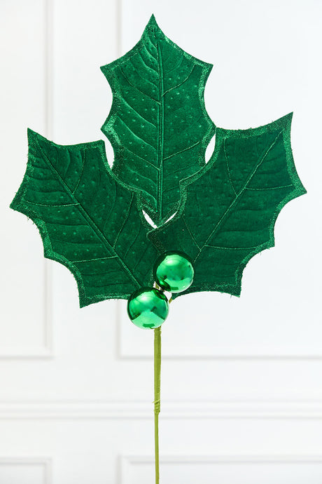 39" Green Velvet Holly Leaves Spray