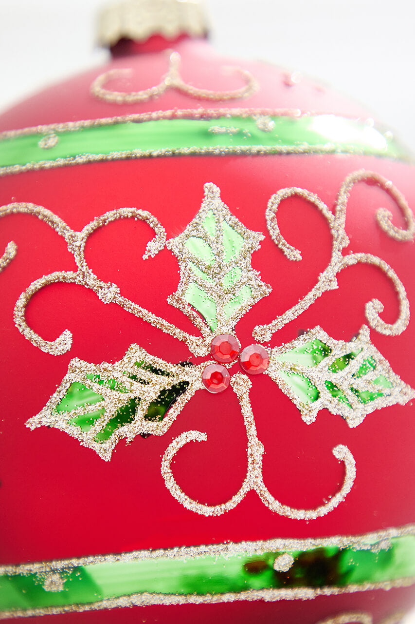 6" Red Holly Scroll Matte Glass Ornament