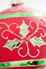 6" Red Holly Scroll Matte Glass Ornament