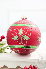 6" Red Holly Scroll Matte Glass Ornament