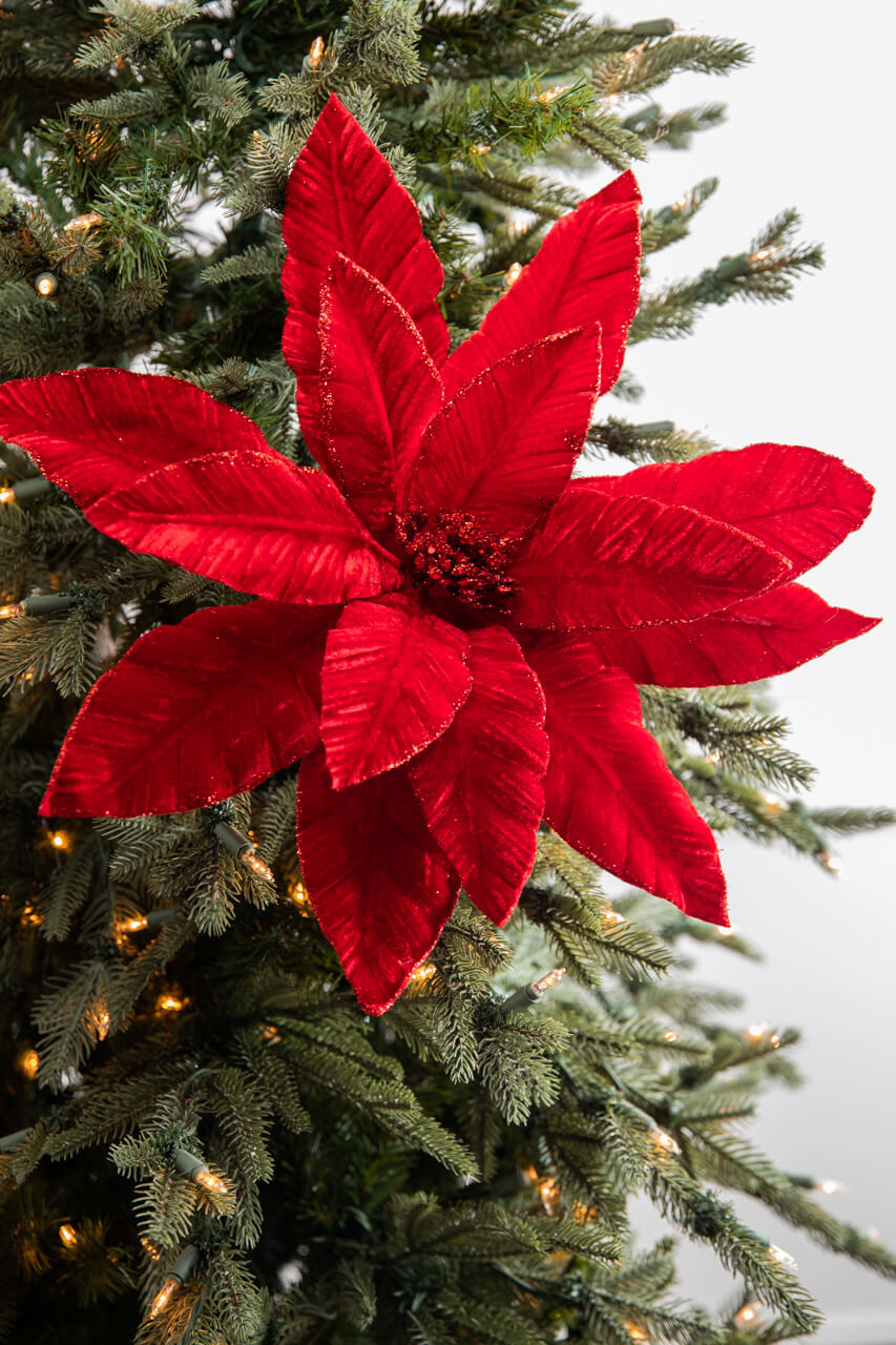 22” x 17” Giant Velvet Poinsettia Stem - Deep Red