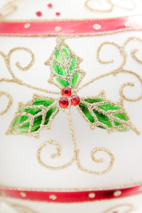 6" White Holly Scroll Matte Glass Ornament