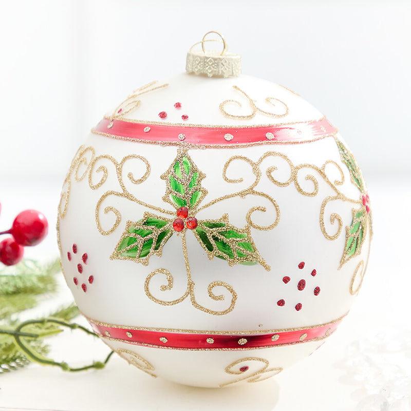 6" White Holly Scroll Matte Glass Ornament