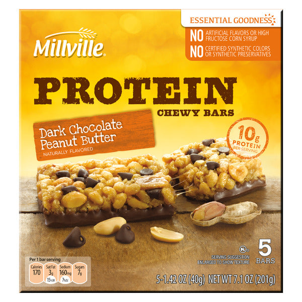 Millville Dark Chocolate Peanut Butter Protein Chewy Granola Bars, 5 count