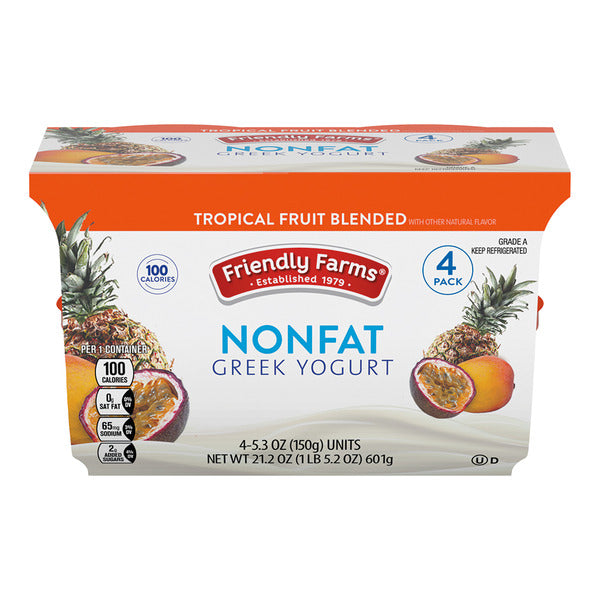Friendly Farms Tropical Fruit Blended Non-Fat Greek Yogurt, 4 count
