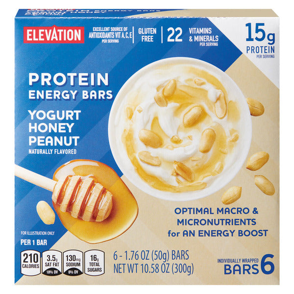Elevation Gluten Free Yogurt Honey Peanut Protein Energy Bars, 6 count