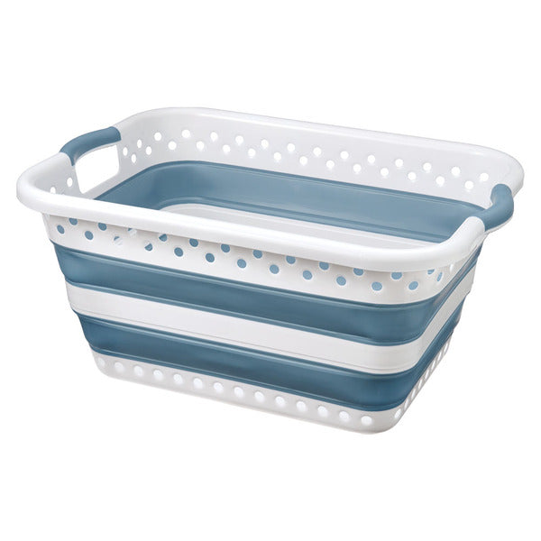 Easy Home White/Blue Collapsible Laundry Basket