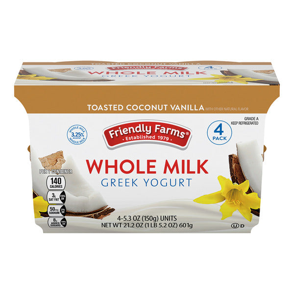 Friendly Farms Toasted Coconut Vanilla Whole Milk Greek Yogurt, 4 count