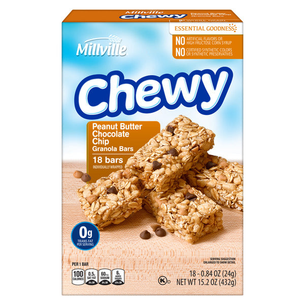 Millville Chocolate Chip Peanut Butter Chewy Granola Bars, 18 count