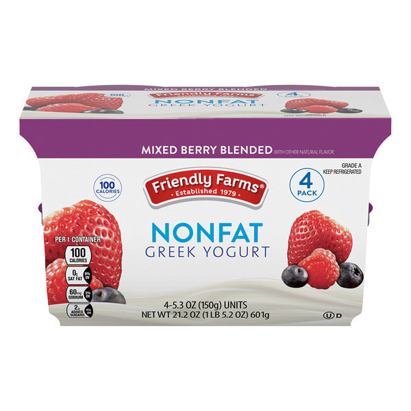 Friendly Farms Mixed Berry Blended Non-Fat Greek Yogurt, 4 count