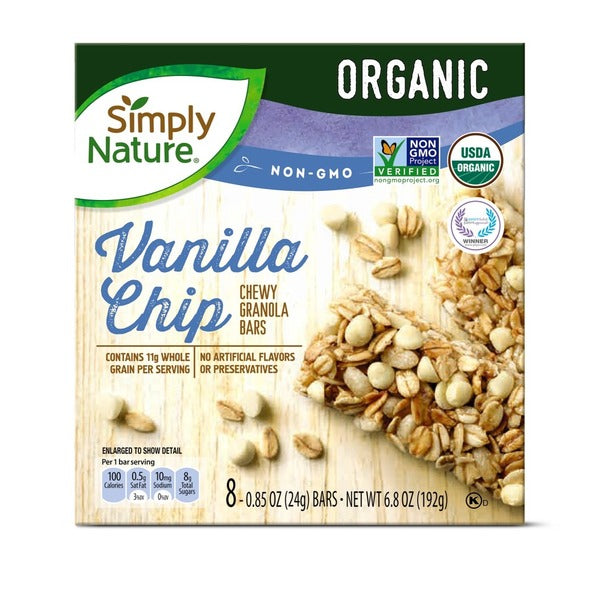 Simply Nature Organic Vanilla Chip Chewy Granola Bars, 8 count
