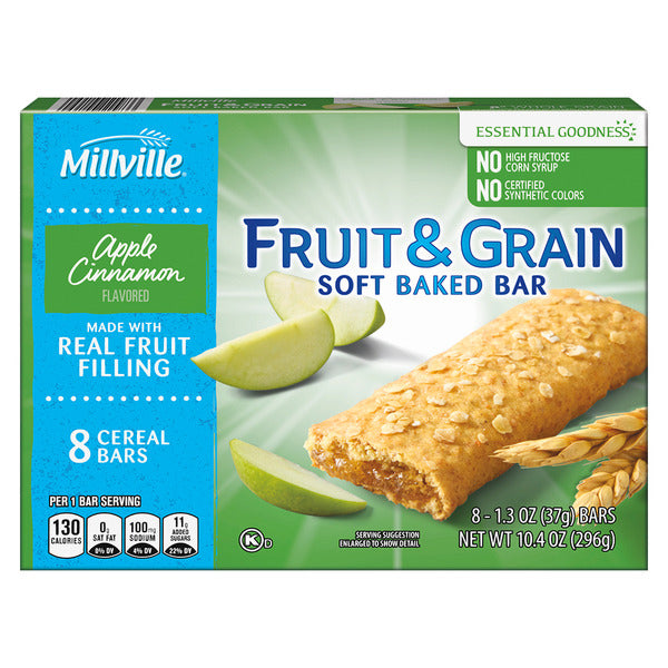 Millville Apple Cinnamon Fruit and Grain Cereal Bars, 8 count