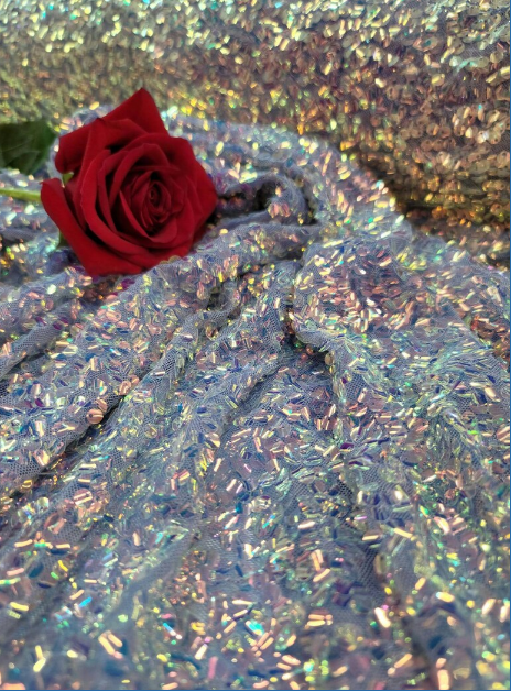 Lavender Sequin Embroidery Stretch Mesh Fabric