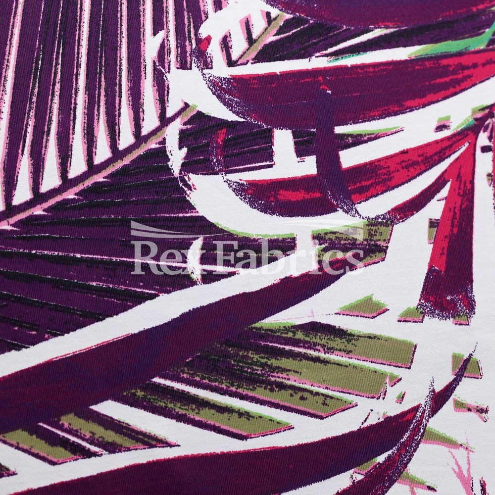 Leaf Lagoon Nylon Spandex Fabric - Green/Pink Palm Leaf Print, 58" Width (1 Yard)