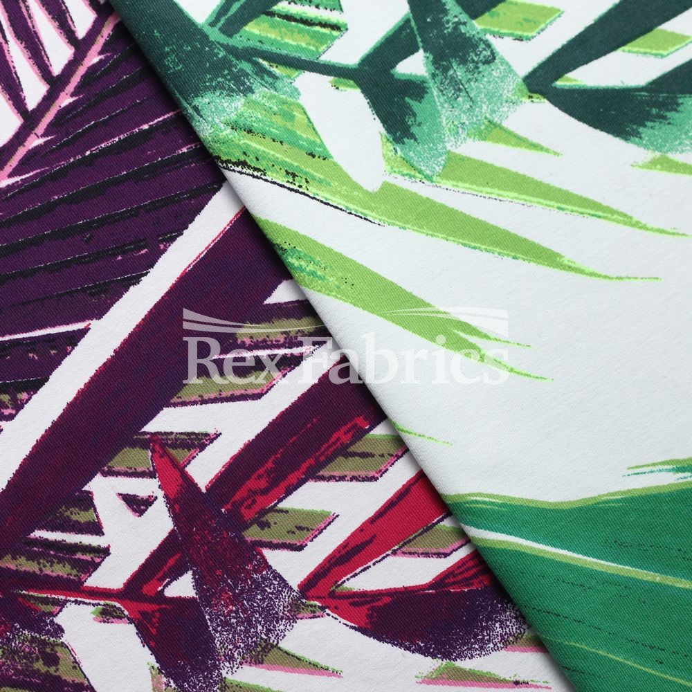 Leaf Lagoon Nylon Spandex Fabric - Green/Pink Palm Leaf Print, 58" Width (1 Yard)