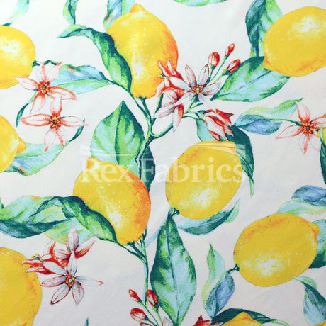 Lemon Orchard Nylon Spandex Fabric - Yellow Lemon Fruit Print, 58-60" Width (1 Yard)