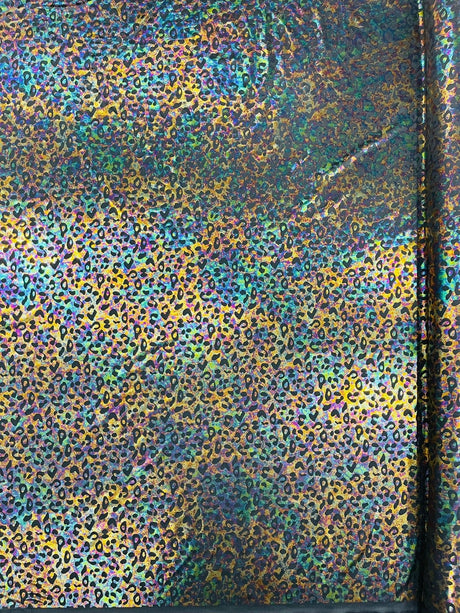 Leopard Oil Spill Metallic Print Nylon Spandex Fabric - Black, Purple, Green, Hot Pink Leopard Print, 58-60" Width (1 Yard)