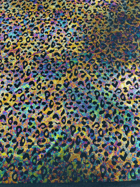 Leopard Oil Spill Metallic Print Nylon Spandex Fabric - Black, Purple, Green, Hot Pink Leopard Print, 58-60" Width (1 Yard)