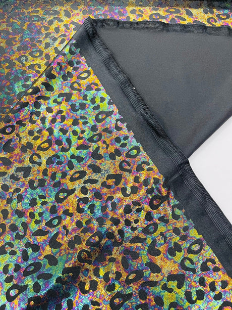 Leopard Oil Spill Metallic Print Nylon Spandex Fabric - Black, Purple, Green, Hot Pink Leopard Print, 58-60" Width (1 Yard)