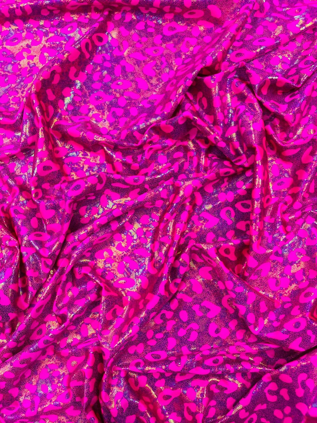 Leopard Oil Spill Metallic Print Nylon Spandex Fabric - Black, Purple, Green, Hot Pink Leopard Print, 58-60" Width (1 Yard)