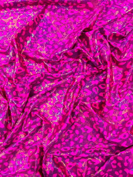 Leopard Oil Spill Metallic Print Nylon Spandex Fabric - Black, Purple, Green, Hot Pink Leopard Print, 58-60" Width (1 Yard)