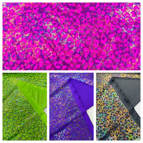 Leopard Oil Spill Metallic Print Nylon Spandex Fabric - Black, Purple, Green, Hot Pink Leopard Print, 58-60" Width (1 Yard)