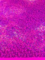 Leopard Oil Spill Metallic Print Nylon Spandex Fabric - Black, Purple, Green, Hot Pink Leopard Print, 58-60" Width (1 Yard)