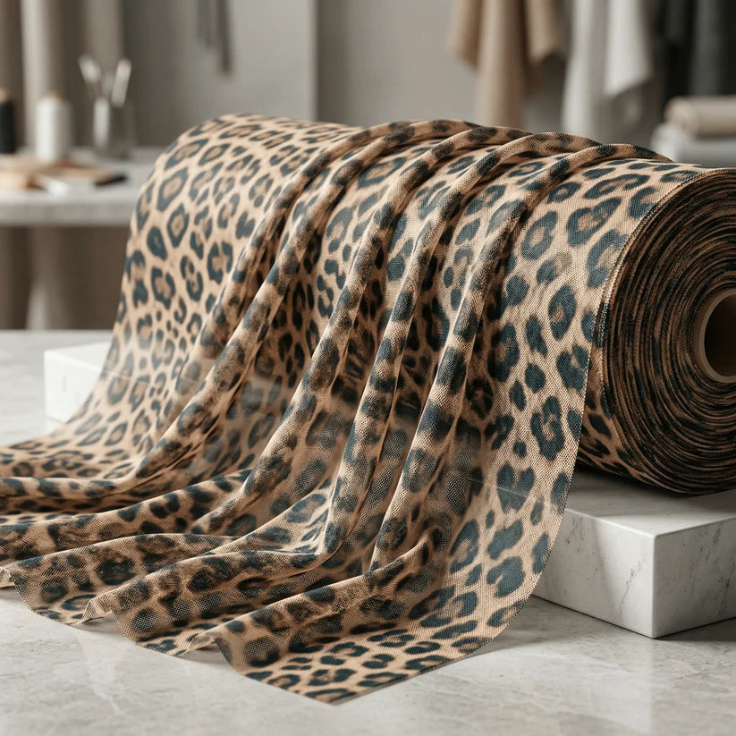 Leopard Print Power Mesh Nylon Spandex Fabric - Gold/Black Leopard Print, 58" Width (1 Yard)