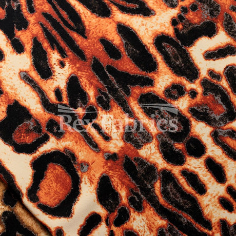 Leopard Skin Nylon Spandex Fabric - Black/Brown/Orange Leopard Print, 58/60" Width, 210 GSM, 4-Way Stretch (1 Yard)