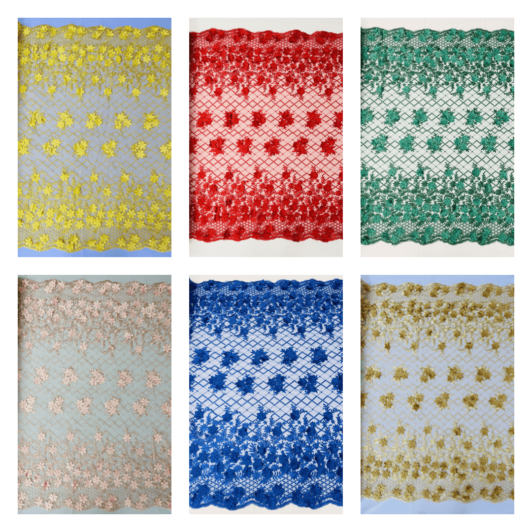 Lia 3D Floral Design Lace Fabric - Beaded Mesh, Double Scallop, 54" Width (1 Yard)