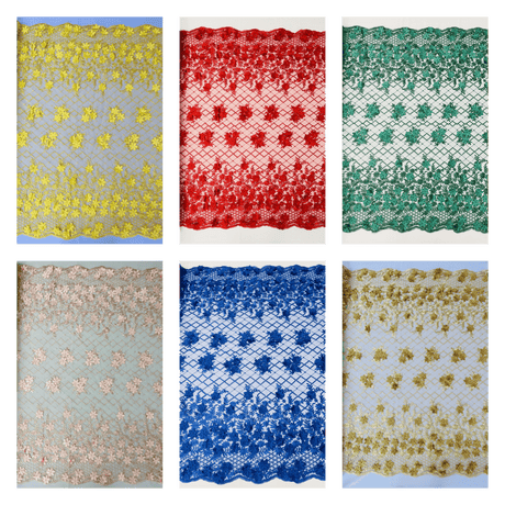 Lia 3D Floral Design Lace Fabric - Beaded Mesh, Double Scallop, 54" Width (1 Yard)