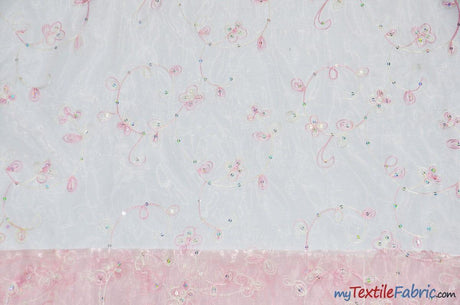 Dahlia Organza Embroidery Polyester Fabric - Embroidered Floral Sheer With Sequins Embellishment, 54" Width (1 Yard)