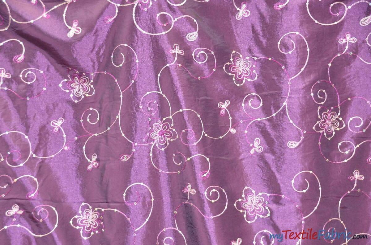 Aurora Taffeta Embroidered Floral Taffeta Fabric - Multi Color Floral Embroidery With Sequins, 54" Width (1 Yard)