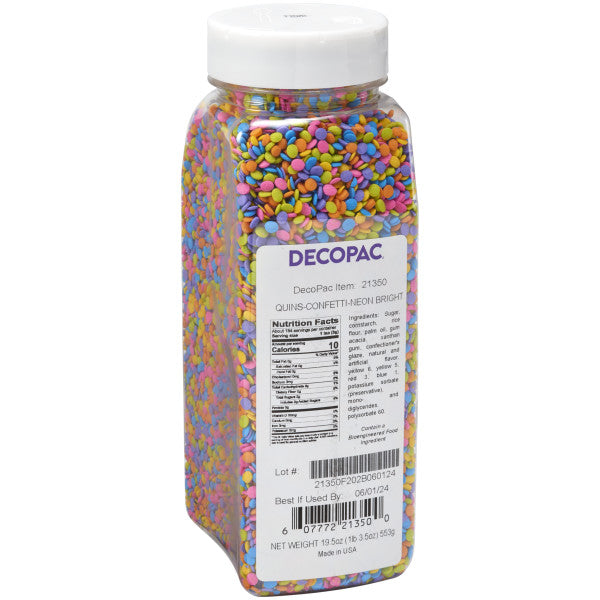 Quins Fancy Sprinkles, 19.5oz, Handheld Container, For Celebration Cakes, Cupcakes, Cookies - Neon Bright Confetti Quins