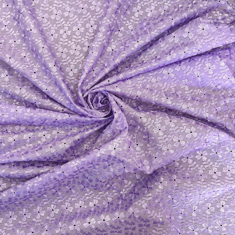 Heavy Eyelet Lilac Polyester Cotton Fabric - Lilac Floral Embroidery, 41"- 42" Width
