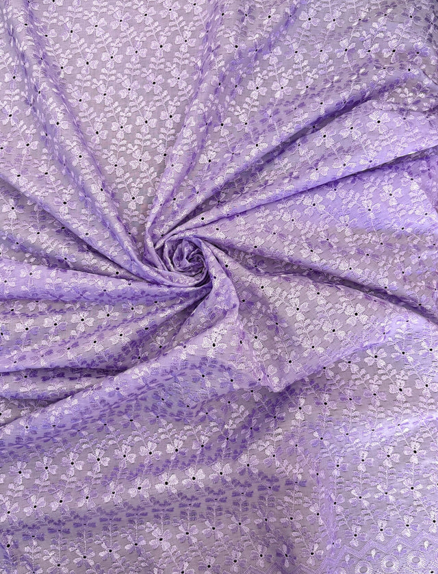 Heavy Eyelet Lilac Polyester Cotton Fabric - Lilac Floral Embroidery, 41"- 42" Width