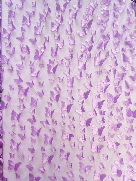 3D Butterflies Lilac 100 Percent Polyester Mesh Fabric - Light Weight Satin Butterflies, Lilac, 54" Width