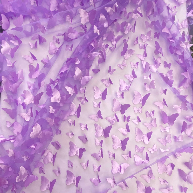 1 Yard Lilac 3D Butterfly Stretch Mesh Delicate Satin Appliqué Fabric for Dresses, Gowns & Fantasy Costumes 54 Inch Wide