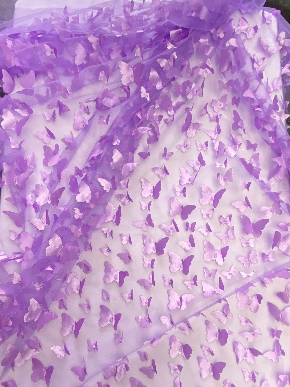 3D Butterflies Lilac 100 Percent Polyester Mesh Fabric - Light Weight Satin Butterflies, Lilac, 54" Width