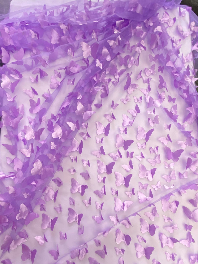3D Butterflies Lilac 100 Percent Polyester Mesh Fabric - Light Weight Satin Butterflies, Lilac, 54" Width