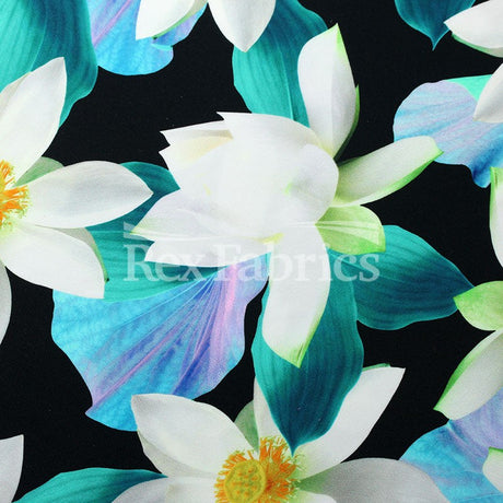 Lili Pond Nylon Spandex Fabric - Black/Melon White Lily Pond Print, 58/60" Width (1 Yard)