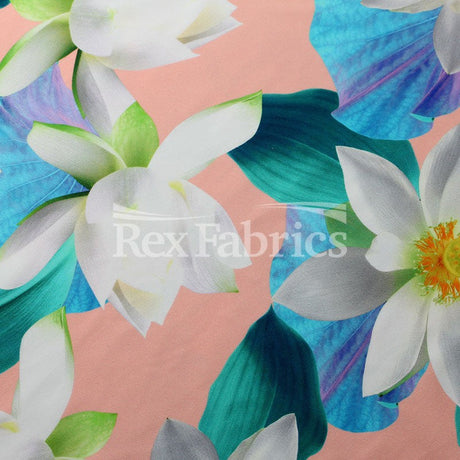 Lili Pond Nylon Spandex Fabric - Black/Melon White Lily Pond Print, 58/60" Width (1 Yard)