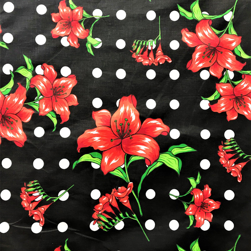 Lilies Dotted Black Polyester Cotton Broadcloth Fabric - Black Floral Print, 59/60" Width (1 Yard)