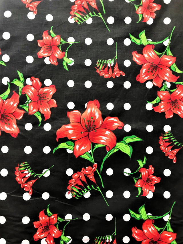 Lilies Dotted Black Polyester Cotton Broadcloth Fabric - Black Floral Print, 59/60" Width (1 Yard)