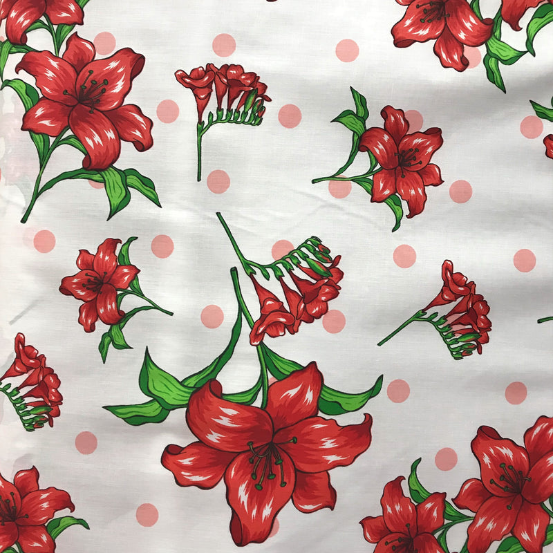Lilies Dotted White Polyester Cotton Fabric - White Floral Print, 59/60" Width (1 Yard)