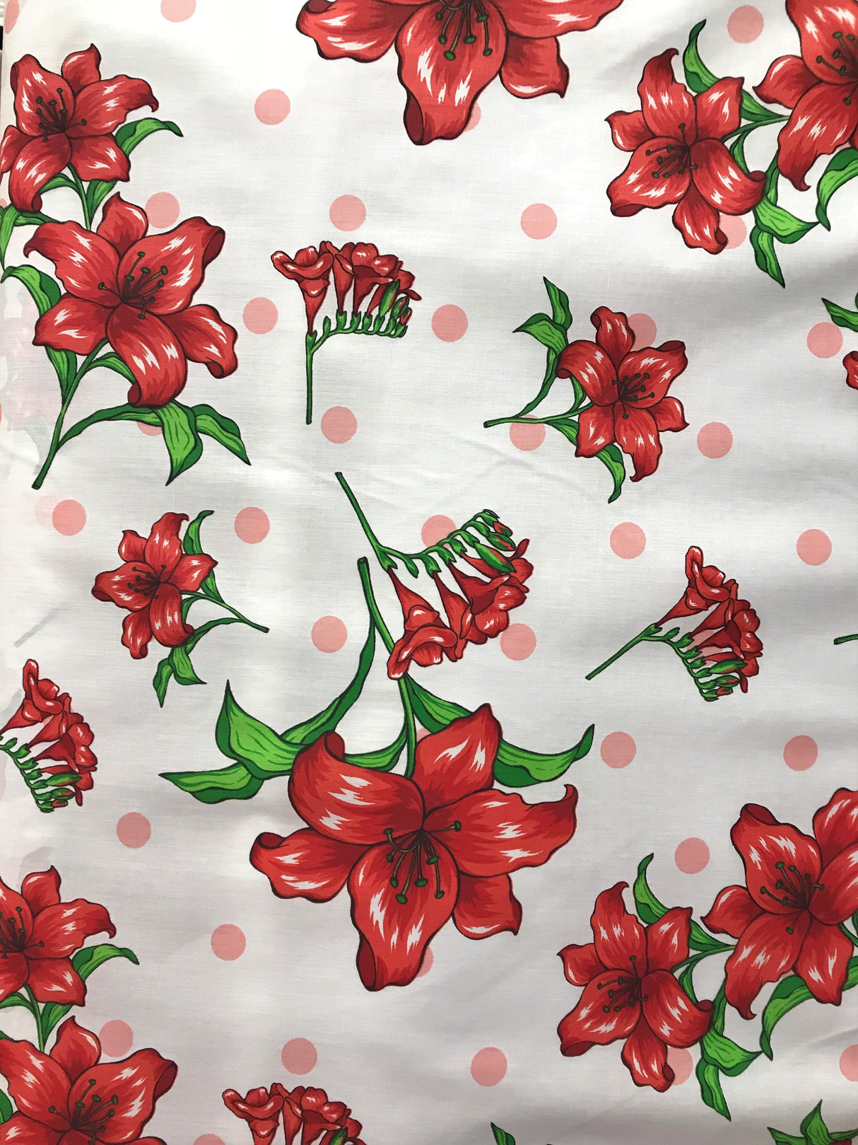Lilies Dotted White Polyester Cotton Fabric - White Floral Print, 59/60" Width (1 Yard)