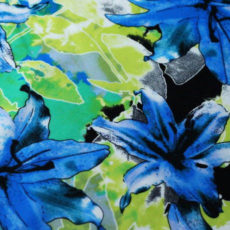 Neon Garden Nylon Spandex Fabric - Multicolor Blue Lily Floral Print, 58-60" Width (1 Yard)