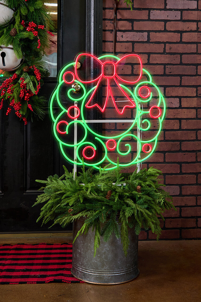 23 Inch Wreath With Swirl Lit Neon Metal Yard Stake Christmas Outdoor Holiday Décor