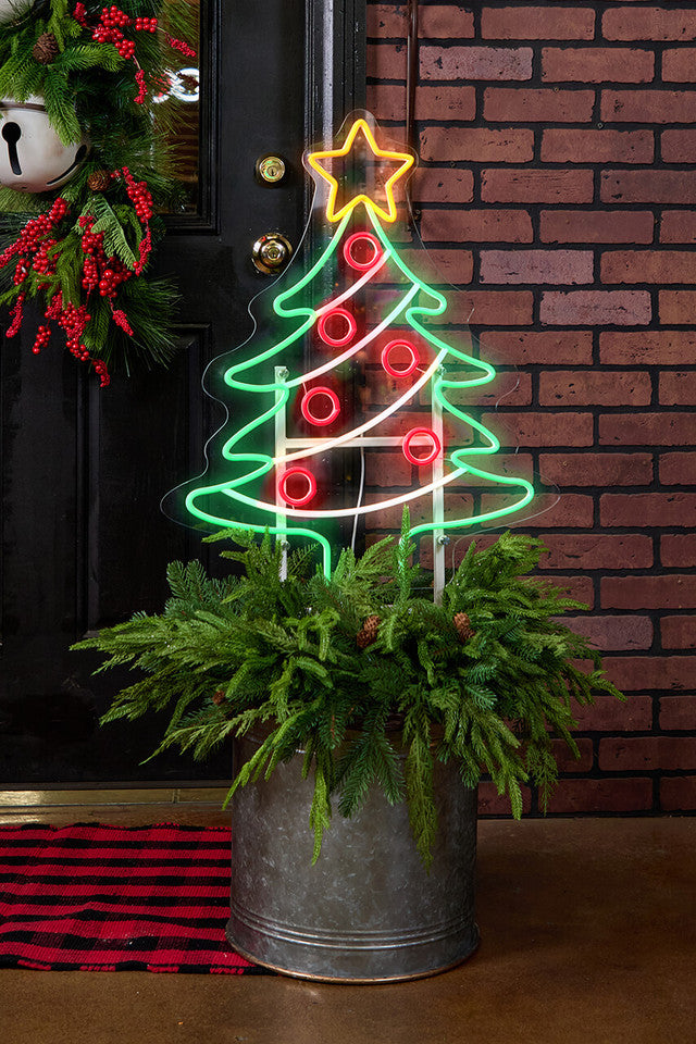 44 Inch Christmas Tree Lit Neon Metal Yard Stake Vintage Holiday Outdoor Décor